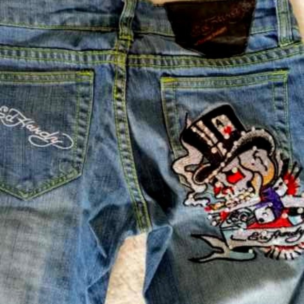 Ed Hardy jeans with rhinestone embellishments.